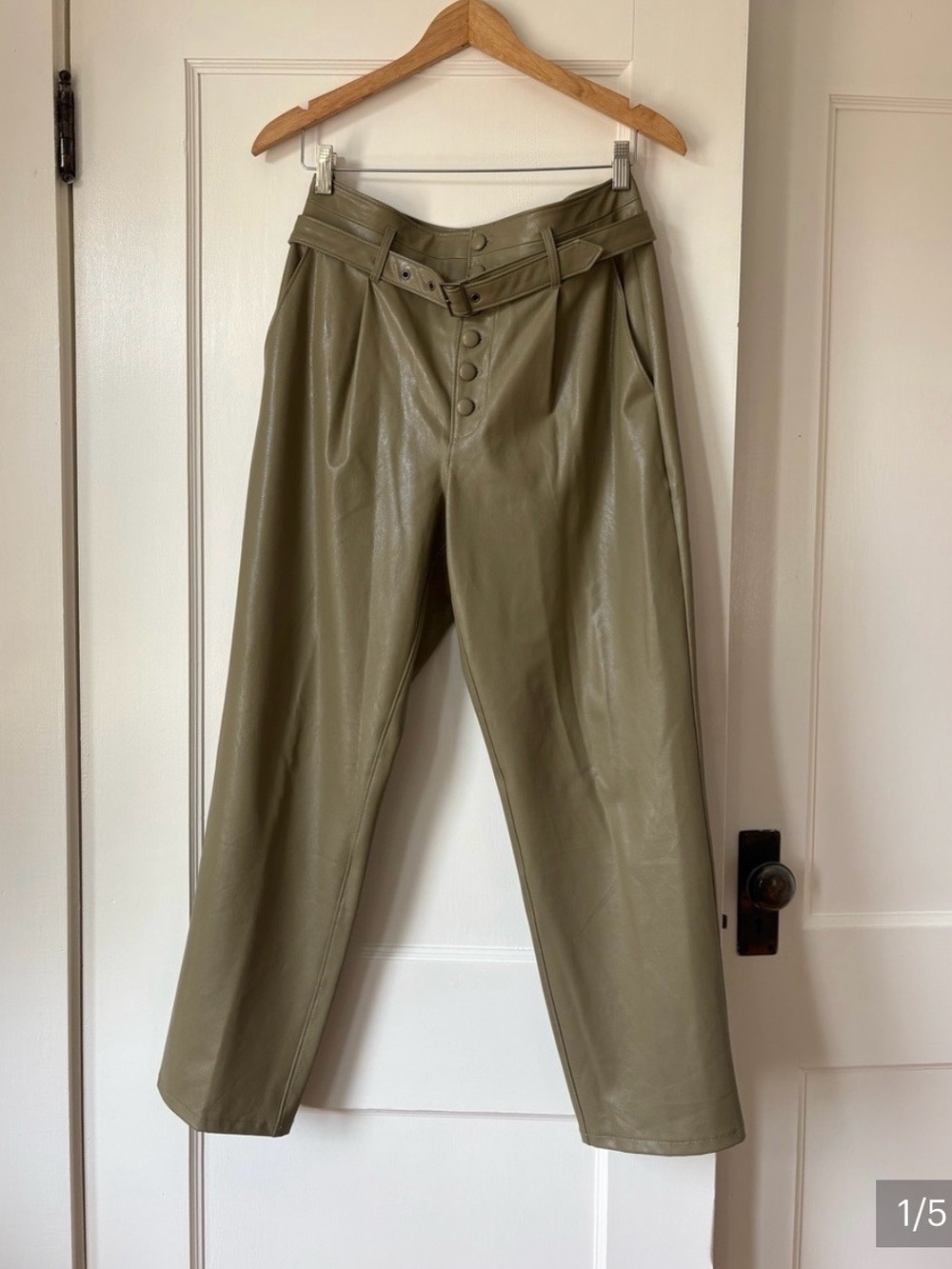 PAIGE Olive Faux Leather High-Rise Pleated pants